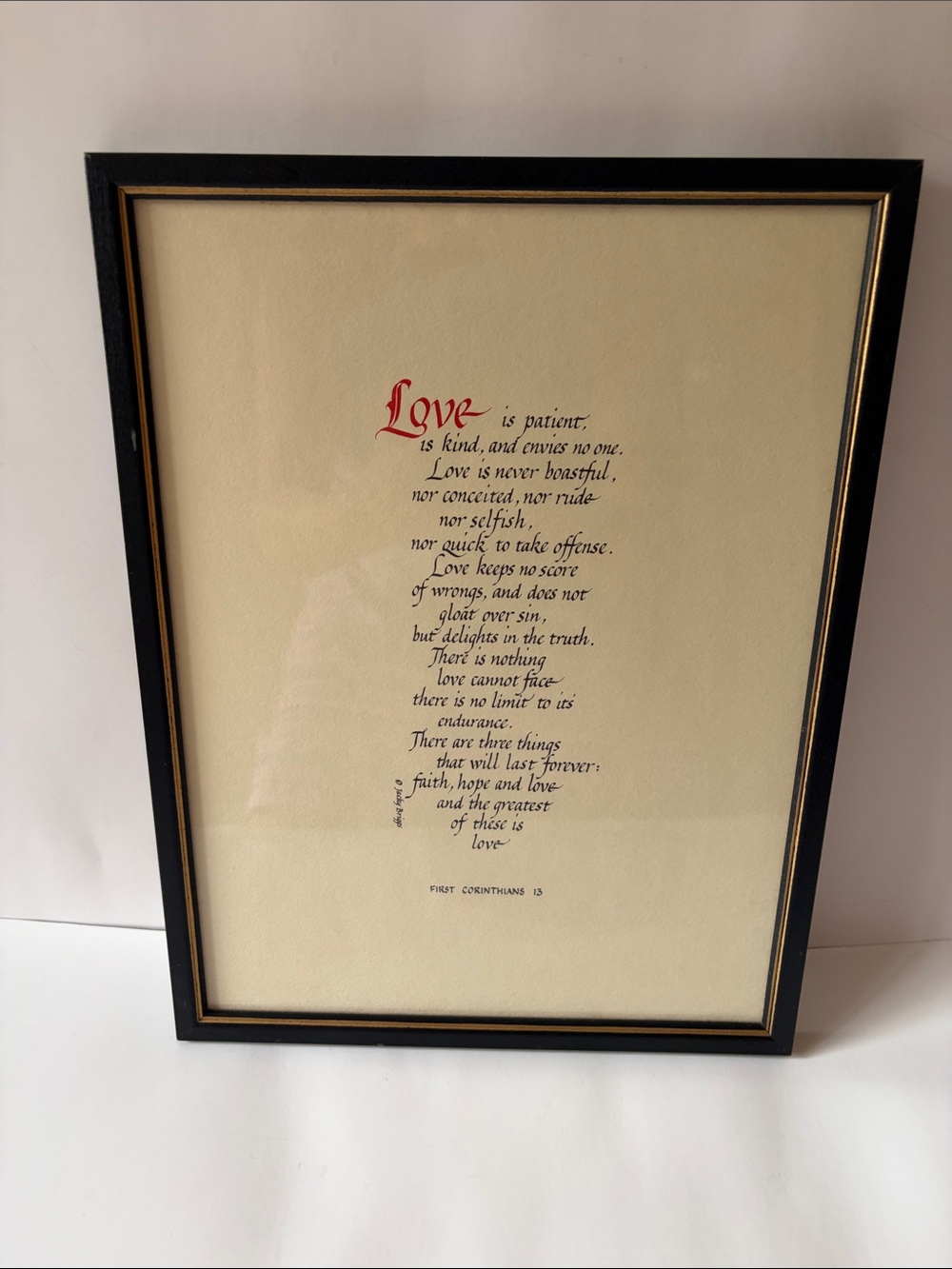 Framed 1st Corinthians  13. Prayer in Calligraphy Wall Art - Black & Gold Frame